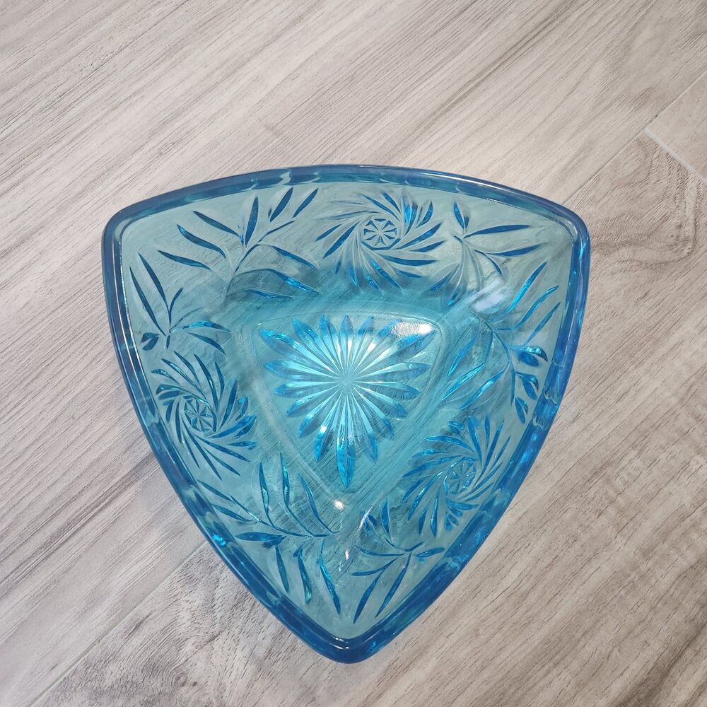 Vintage Blue Pressed Glass Triangle Bowl‎ Candy Dish Floral Starburst Decor